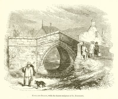 Puente de Croyland, con la escultura sajona de Santa Ethelred (grabado) de English School