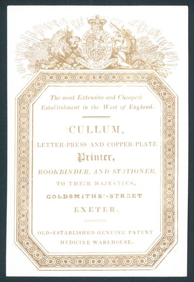 Cullum, impresor en letra y placa de cobre, tarjeta comercial de English School