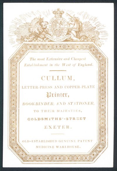 Cullum, impresor en letra y placa de cobre, tarjeta comercial de English School