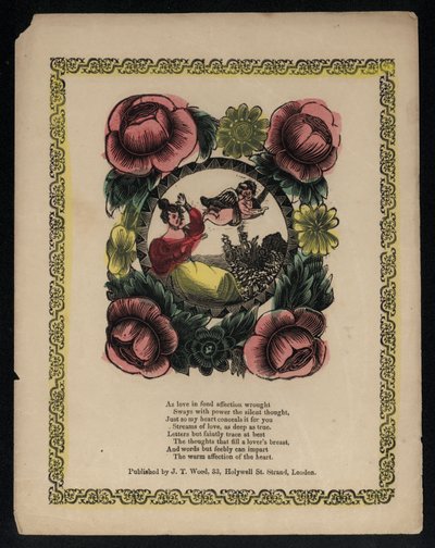 Cupido y mujer en un jardín rodeado de flores, poema de amor de English School