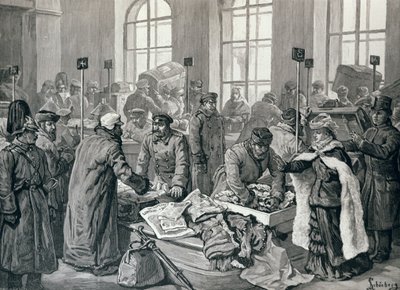 Oficiales de aduanas examinando el equipaje de los pasajeros de Alemania, en Wirballen, en la frontera rusa, de 