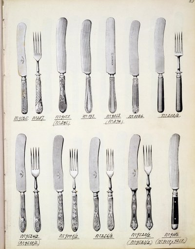 Diseños de cubiertos, de un catálogo comercial de bienes y accesorios domésticos, c.1890-1910 de English School