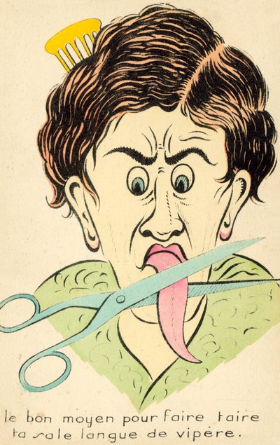 Cortando la lengua de una arpía (litografía en color) de English School