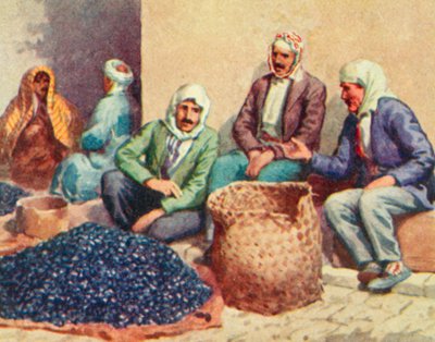 Damasco, comerciantes de aceitunas (litografía en color) de English School