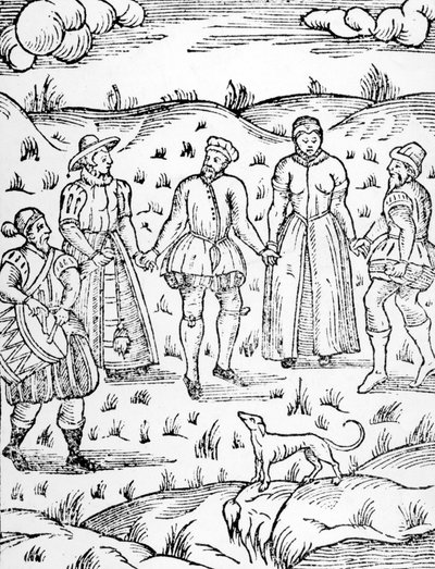 Bailando con un tamborilero, de The Doome advirtiendo a todos los hombres del Juicio por Stephen Bateman, 1581 de English School