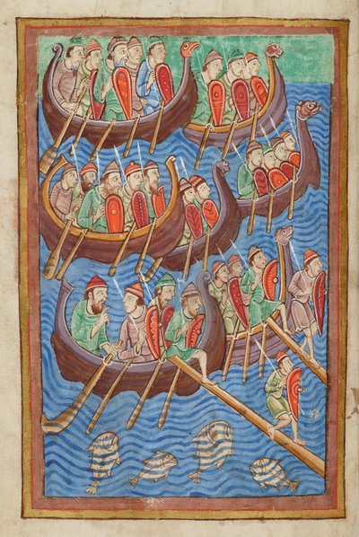 Los daneses bajo Hinguar y Hubba desembarcan en Gran Bretaña, de la Miscelánea sobre la vida de San Edmundo, Bury St Edmunds, c.1130 (vitela) de English School
