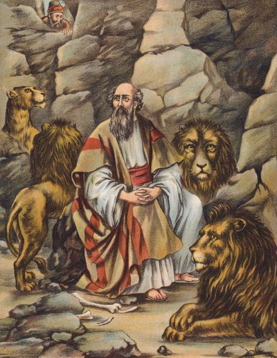 Daniel en el foso de los leones (litografía en color) de English School