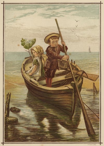Elopement audaz: niño y niña saliendo de una playa en un bote (litografia de color) de English School