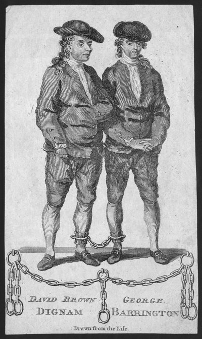 David Brown Dignam y George Barrington, ilustración de la London Magazine, mayo de 1777 de English School