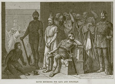David lamentando por Saúl y Jonatán, ilustración de La Biblia del Niño, circa 1880 de English School