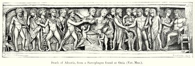 Muerte de Alcestis, de un sarcófago encontrado en Ostia (grabado) de English School