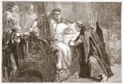 Muerte de Federico el Sabio, Elector de Sajonia, ilustración de La Historia del Protestantismo de James Aitken Wylie, pub. 1878 de English School