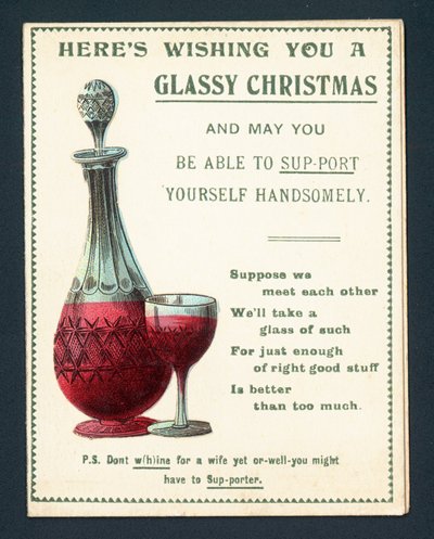 Decantador y copa de vino tinto, tarjeta de Navidad de English School