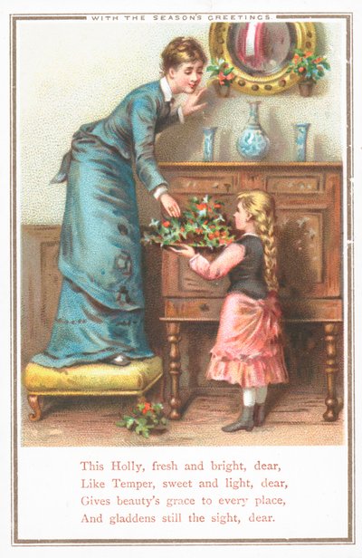 Decorando la casa con acebo, tarjeta de Navidad de English School