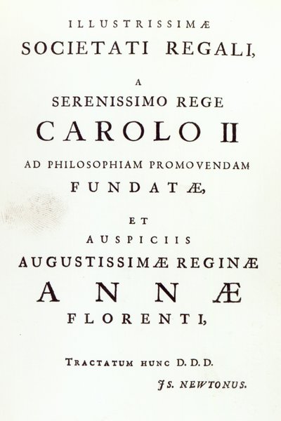 Dedicación a la Royal Society de la segunda edición de Philosophiae Naturalis Principia Mathematica de Newton, 1713 de English School