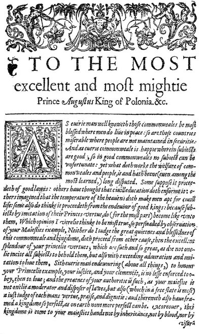 Dedicación al rey de Polonia Segismundo II Augusto I en El Consejero, la primera traducción al inglés de De optimo senatore de Wawrzyniec Grzymała Goślicki, 1598 (impresión) de English School