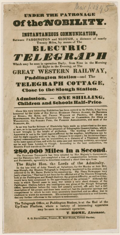 Demostración del Telégrafo Eléctrico, 1845 de English School
