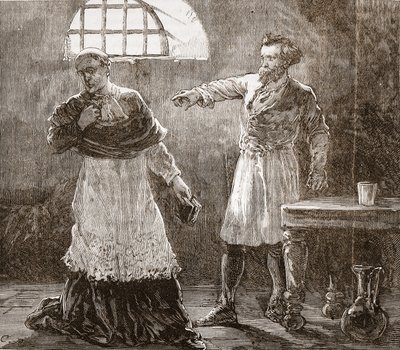 Denis reprendiendo al obispo de Meaux, ilustración de La Historia del Protestantismo de James Aitken Wylie, pub. 1878 de English School
