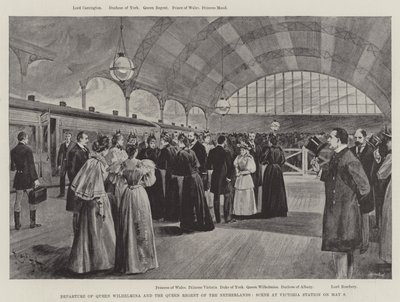 Salida de la reina Guillermina y la reina regente de los Países Bajos, escena en la estación Victoria el 9 de mayo (litografía) de English School