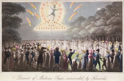 Descenso de Madame Saqui, rodeada de fuegos artificiales, publicado por Thomas Kelly (fl.1820-55) Londres de English School