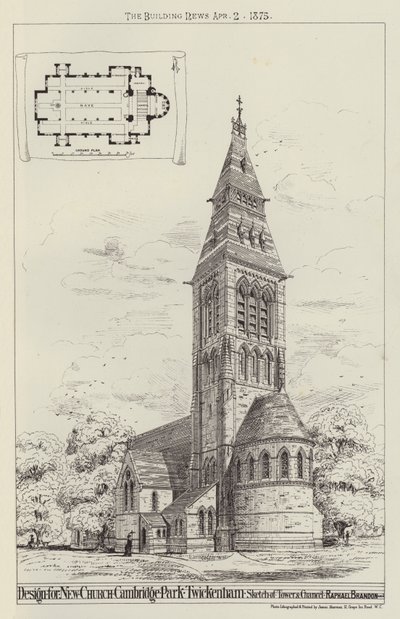 Diseño para una nueva iglesia, Cambridge Park, Twickenham, boceto de la torre y el presbiterio de English School