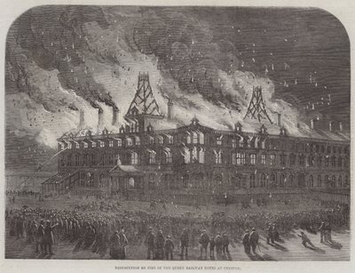 Destrucción por Incendio en el Hotel Queen Railway en Chester (grabado) de English School