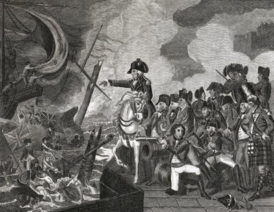 Destrucción de los botes de guerra antes de Gibraltar, grabado por H.Cook, 1816 de English School