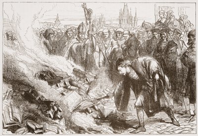 Destrucción de las obras de Wicliffe en Praga, ilustración de La Historia del Protestantismo por James Aitken Wylie (1808-1890), pub. 1878 de English School