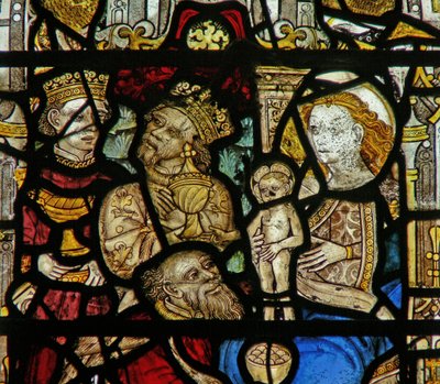 (detalle) de una ventana que representa la adoración de los Magos de English School