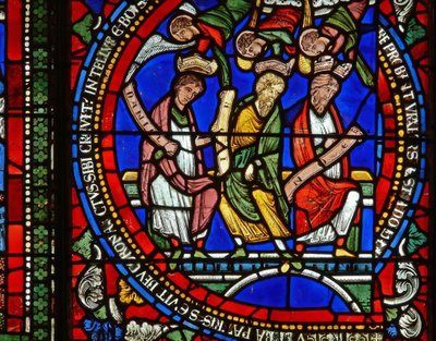 (detalle) de una de las Ventanas de la Biblia que representa a Daniel, Job y Noé de English School