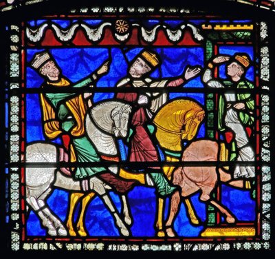 (detalle) de una de las Ventanas de la Biblia que representa a los Magos a caballo siguiendo la estrella de English School