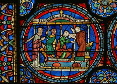 (detalle) de la Ventana del Milagro que representa a Audrey de Canterbury tomando agua curativa de English School