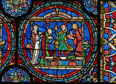 (detalle) de la Ventana del Milagro que representa a Audrey de Canterbury tomando agua curativa de English School
