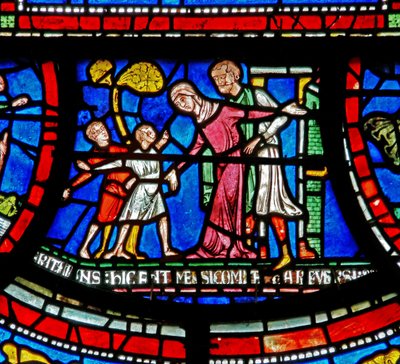 (detalle) de la Ventana del Milagro que representa la historia de Bobby de Rochester de English School