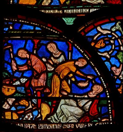 (detalle) de la Ventana del Milagro que representa a la madre de Geoffrey de Winchester rezando a San Tomás de English School