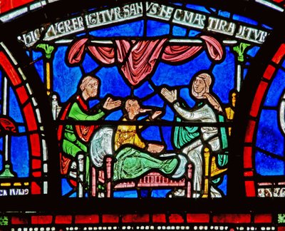 (detalle) de la Ventana del Milagro que representa la historia de Jordan Fitzeisulf de English School