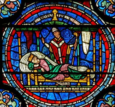 (detalle) de la Ventana del Milagro que representa al rey Luis VII siendo instruido por Tomás para ir a su tumba de English School