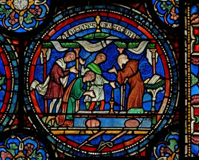 (detalle) de la Ventana del Milagro que representa a Enrique el Loco de Fordwich dando gracias después de su cura de English School