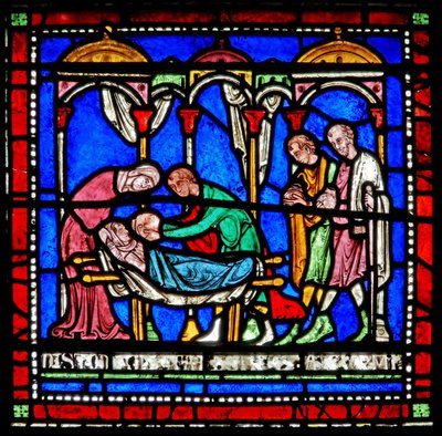 (detalle) de la Ventana del Milagro que representa la historia de Ricardo de Sunieve de English School