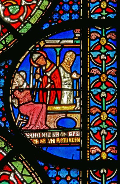 (detalle) de la Ventana del Milagro que representa la curación de las hijas de Godbold de Boxley de English School
