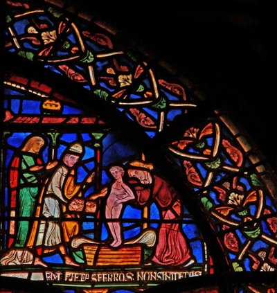 (detalle) de la Ventana del Milagro que representa al infante Geoffrey de Winchester haciendo una ofrenda en la tumba de San Tomás de English School