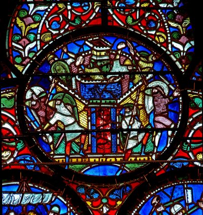 (detalle) de la ventana de San Alphege que representa el asedio de Canterbury de English School