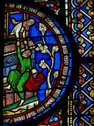 (detalle) de la ventana este de la Capilla de la Trinidad que representa a David escapando de la ciudad de English School