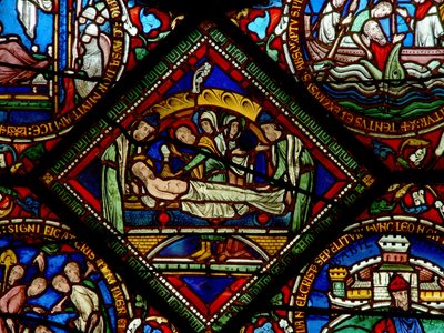 (detalle) de la ventana este de la Capilla de la Trinidad que representa el Entierro de English School