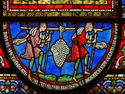 (detalle) de la ventana este de la Capilla de la Trinidad que representa a los espías y las uvas de English School