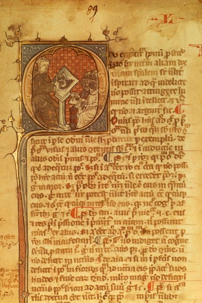 Detalle de una letra ornamental en un manuscrito del siglo XIV. Duns Scotus dando una conferencia a sus alumnos de English School