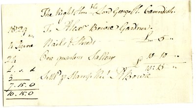 Devonshire MSS AS 3101, folio de un paquete de facturas liquidadas por Pinder Simpson para Lord George Cavendish, incluyendo la factura de Alexander Bowie de English School