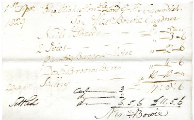 Devonshire MSS AS 3101, folio de un paquete de facturas liquidadas por Pinder Simpson para Lord George Cavendish, incluyendo la factura de Alexander Bowie de English School