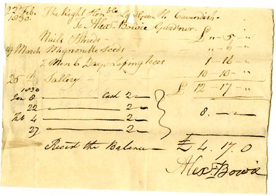 Devonshire MSS AS 3101, folio de un paquete de facturas liquidadas por Pinder Simpson para Lord George Cavendish, incluyendo la factura de Alexander Bowie de English School