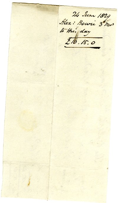 Devonshire MSS AS 3101, folio de un paquete de facturas liquidadas por Pinder Simpson para Lord George Cavendish, incluyendo la factura de Alexander Bowie de English School